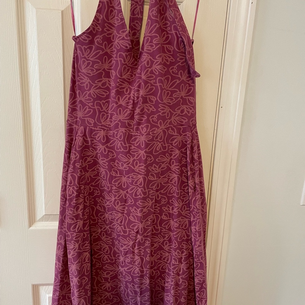 Pact women organic cotton medium purple floral halter tie halter dress w/ pocket